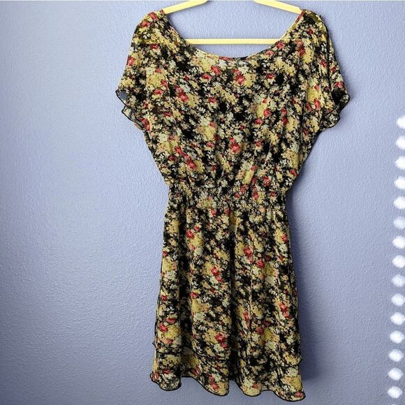 Express Floral Mini Dress Ruffle Sleeves Smocked Waist Fit & Flare Small Stretch - Picture 2 of 7